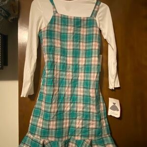Rare Editions Green and Pink Plaid Dress with White Sleeves